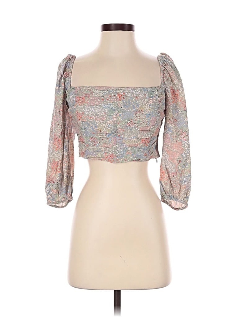 Aritzia Floral Smocked Square-Neck Crop Top in Gray and Multicolor Print